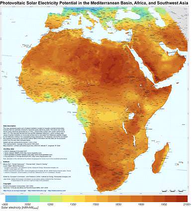 Potentiel puissance solaire pour le photovoltaïque dans le bassin méditerranéen, Africa et Asie du sud-ouest